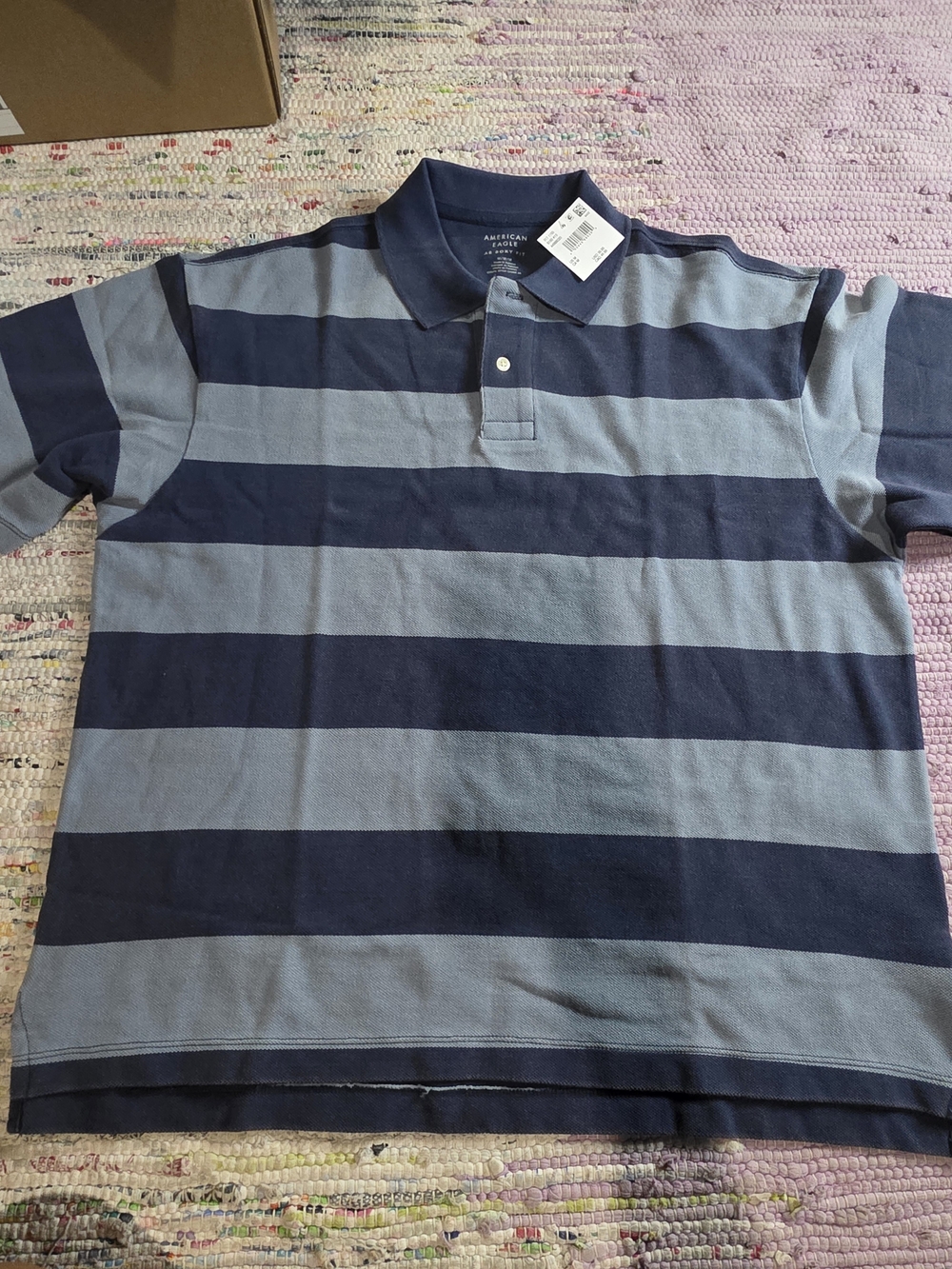American Eagle Outfitters Navy and Light Blue Horizontal Stripe Polo